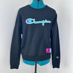 Champion Women’s Black Cotton blend Sweatshirt with Pink and Blue Details Size-L